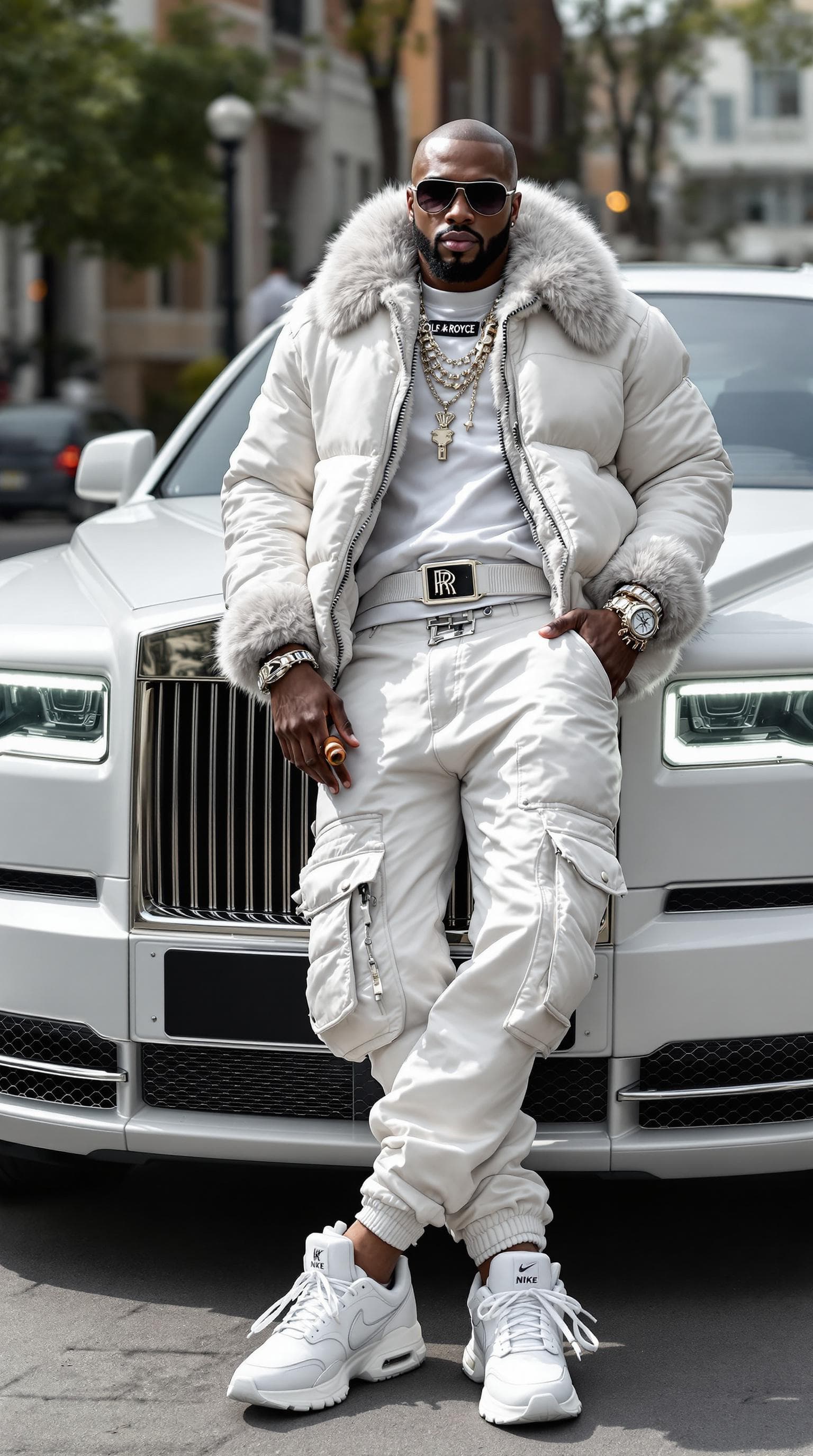AI generated: A powerful streetwear king dressed in an all-white luxury outfit, leaning on the hood of his Rolls-R...