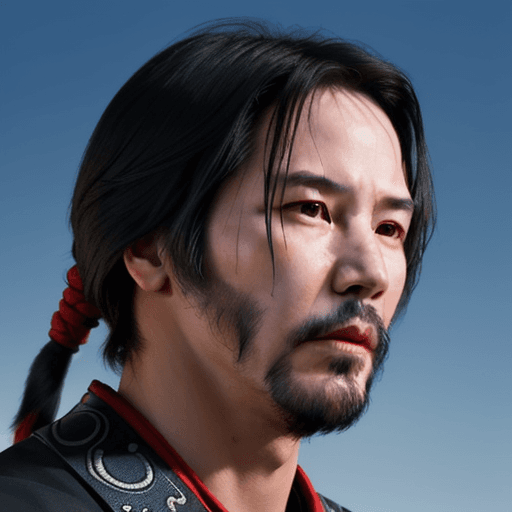 AI generated: Keanu Reeves portrait photo  of a asia old warrior chief,  tribal panther make up, blue on red, side...