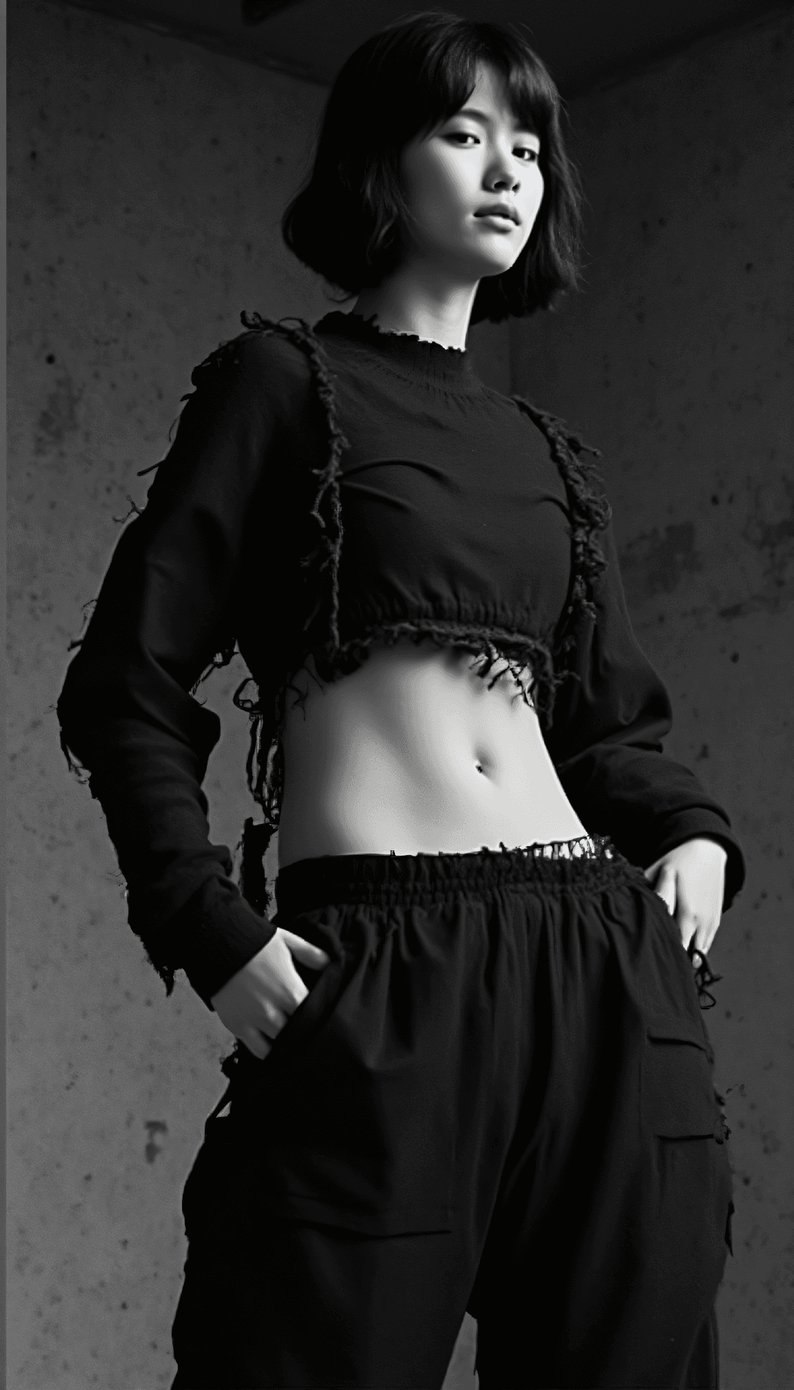 AI generated: black and white photography, Brutalist high Fashion low angle photo of a 24 year old Mi’kmaq-Shona f...