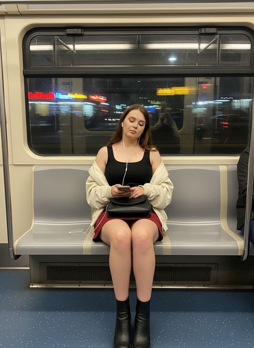 AI generated: A photo-realistic shot of the uploaded woman in a red mini skirt, black top and light jacket, seated...