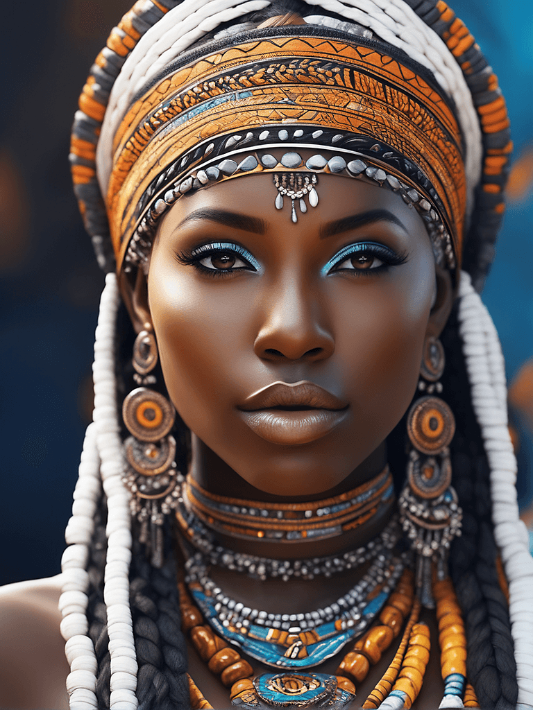 AI generated: intricate closeup shot, masterpiece artwork, black skin-tight body, tribal, suit, white accent, deta...