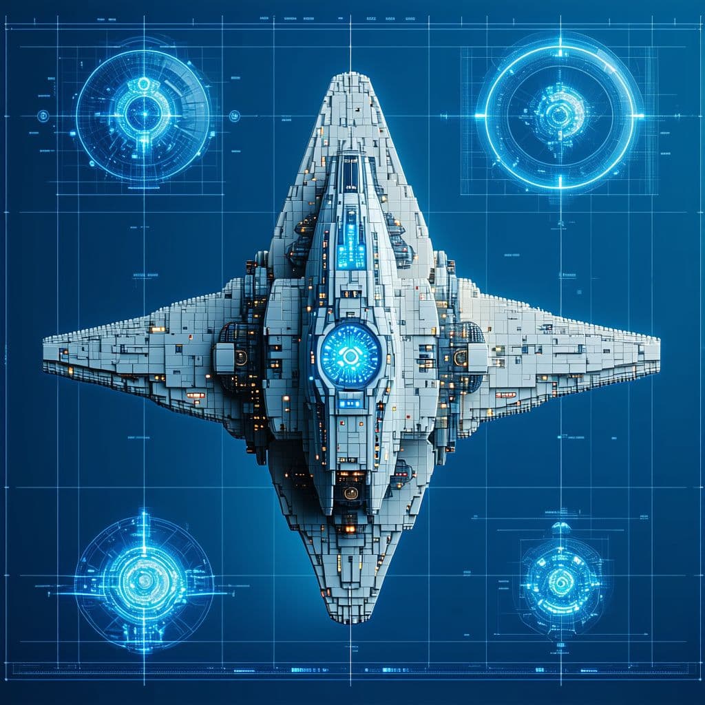 AI generated: blueprint of futuristic sci-fi large spacecraft, warp engines, built in the form of lego blocks