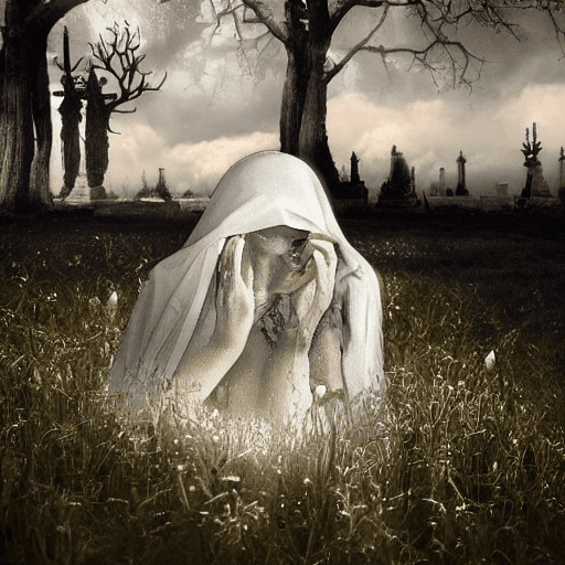 AI generated: A landscape of the mythical figure of Mary, the weeping woman, outside a cemetery at night. There is...