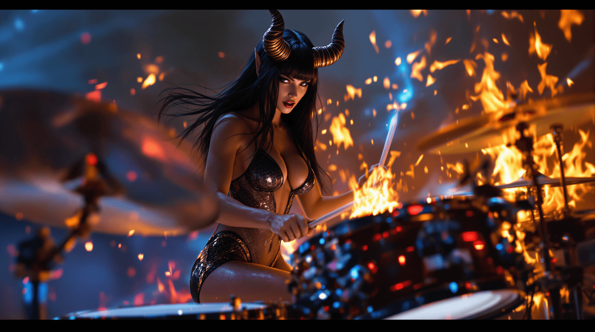AI generated:  Female demon character, a statuesque and athletic figure with a heart-shaped face, sharp, choppy ba...