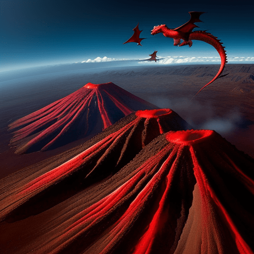 AI generated: Dragons flying over red volcanoes