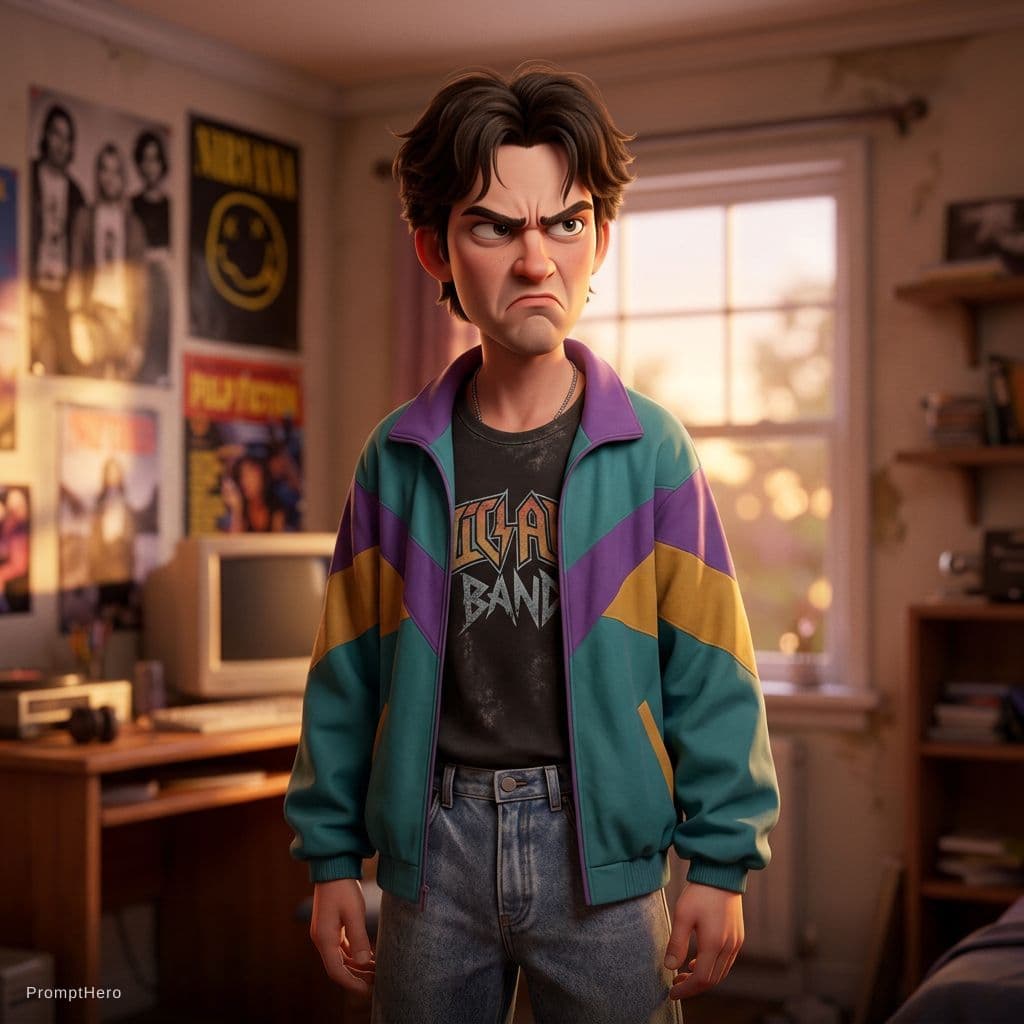 AI generated: a man in a  90’s teens in retro clothing, with a very angry expression,in the style of unreal engine...