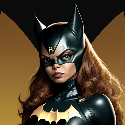AI generated: janet jackson as batwoman, with a gold bat logo and ears 