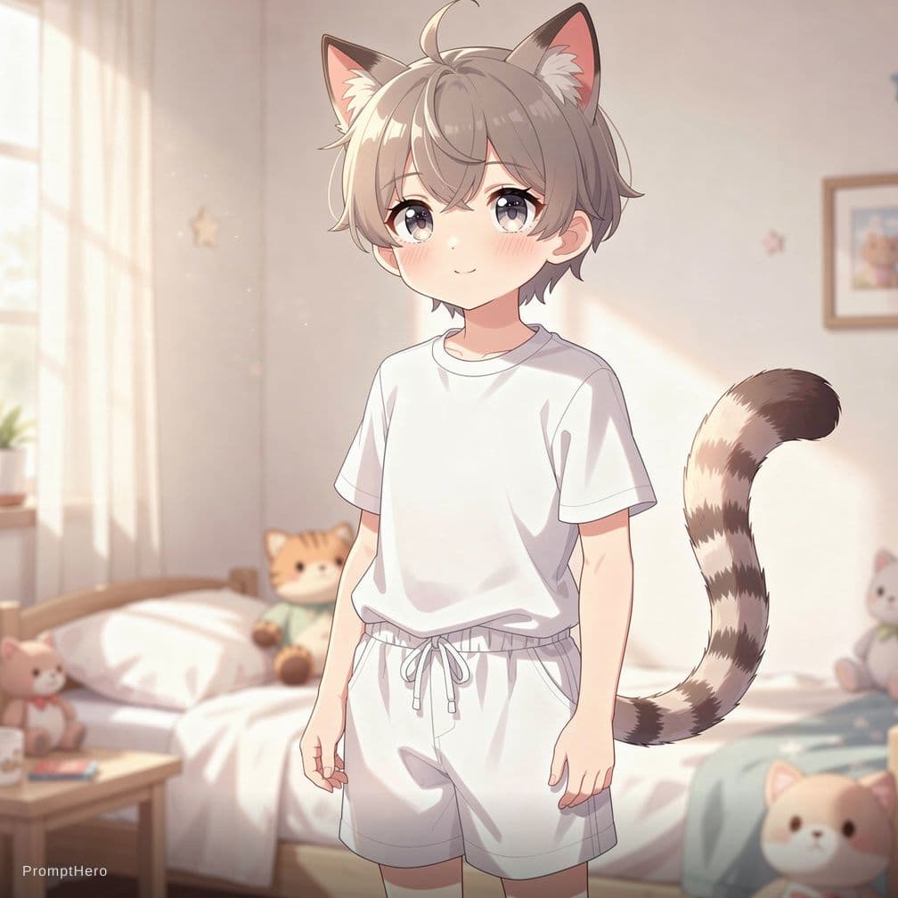 AI generated: Cute catboy wearing a diaper, white_diaper, cat_boy, short_hair, 4k, anime