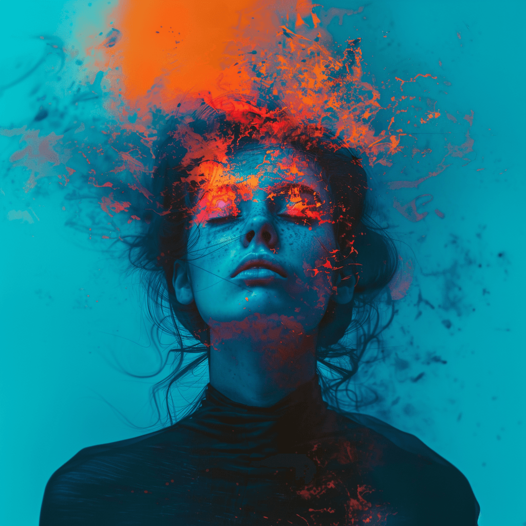 AI generated: A blue woman with closed eyes, in the style of Jarek Kubicki, orange background, neon lights, surrea...