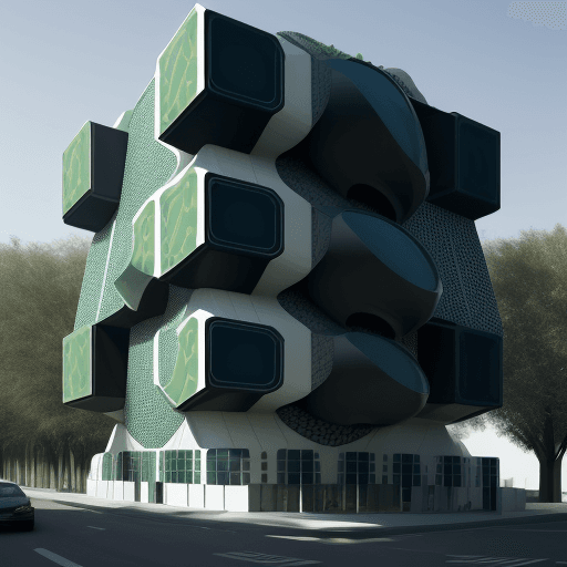 AI generated: 
futuristic architecture /  /style with ultra bush environnement / facade with vasarely graphic type...