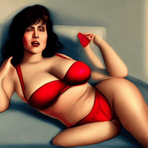 AI generated: An image of a woman with voluminous ass and tits. She is wearing a red bra broken with tits out  and...