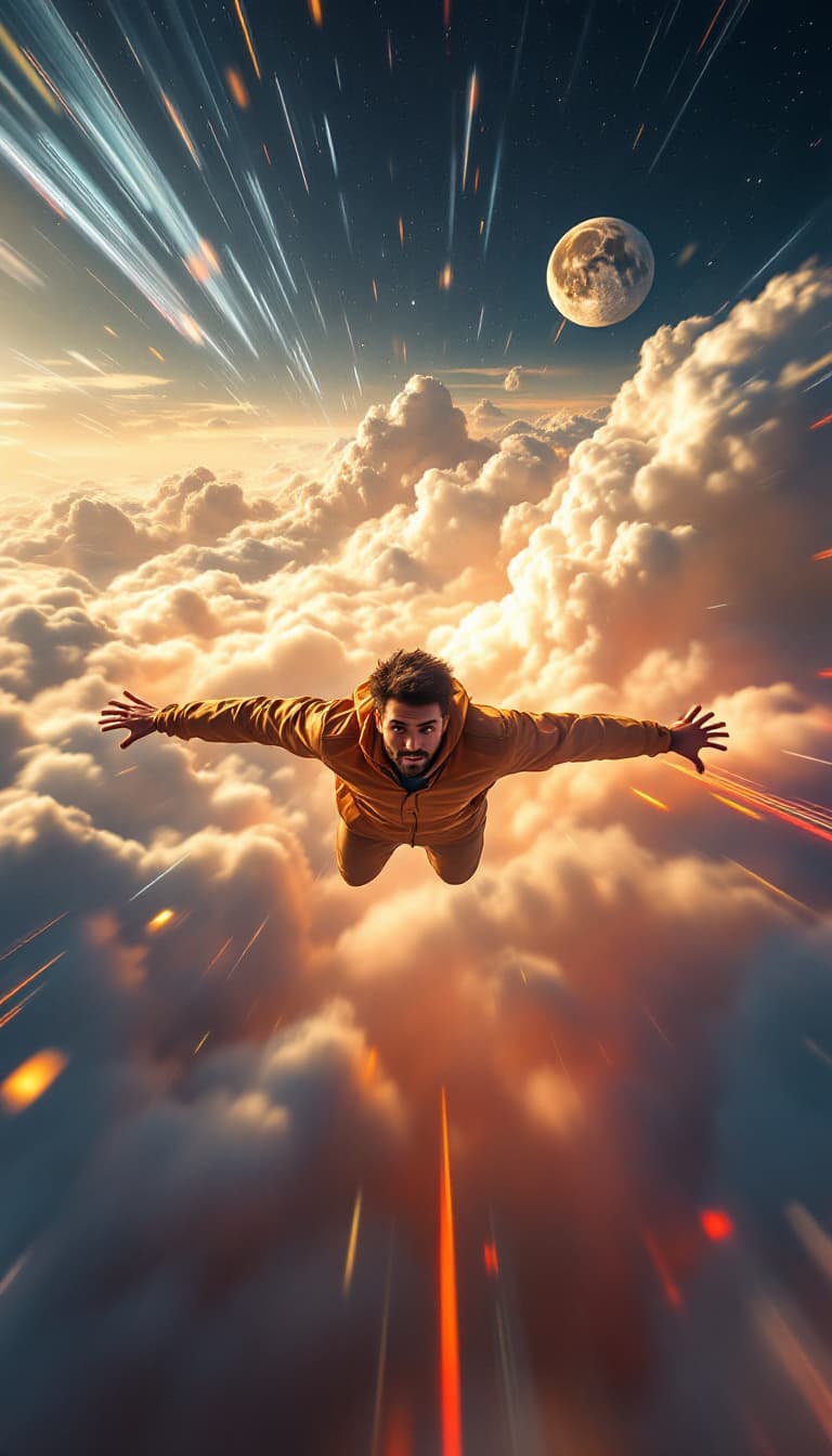 AI generated: A fast aerial tracking shot from the perspective of a drone captures a surreal dream sequence of a h...