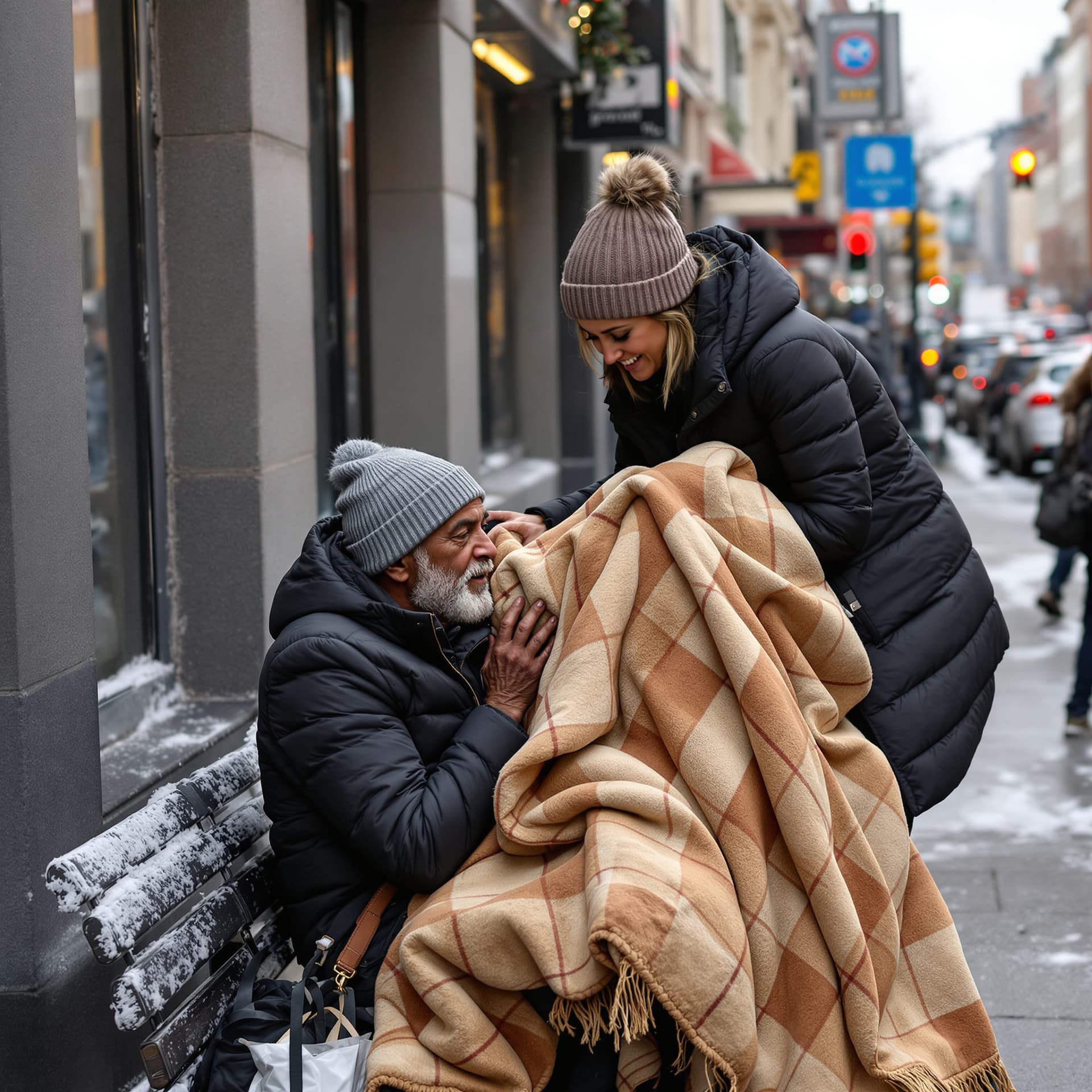 AI generated: A woman helps a homeless man with a blanket to keep him cold in New York