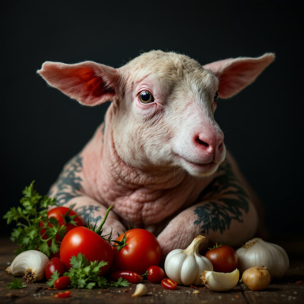 AI generated: photo close up,  studio portrait, hairless, shaved, no hair , bald shaved big fat lamb tattooed  tom...