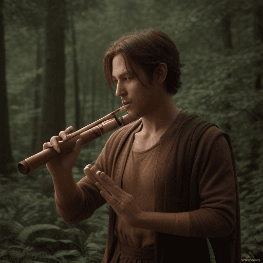 AI generated: an average looking, DnD human, in a forest, plaing a wooden piccolo flute, cinematic light, 4k, phot...