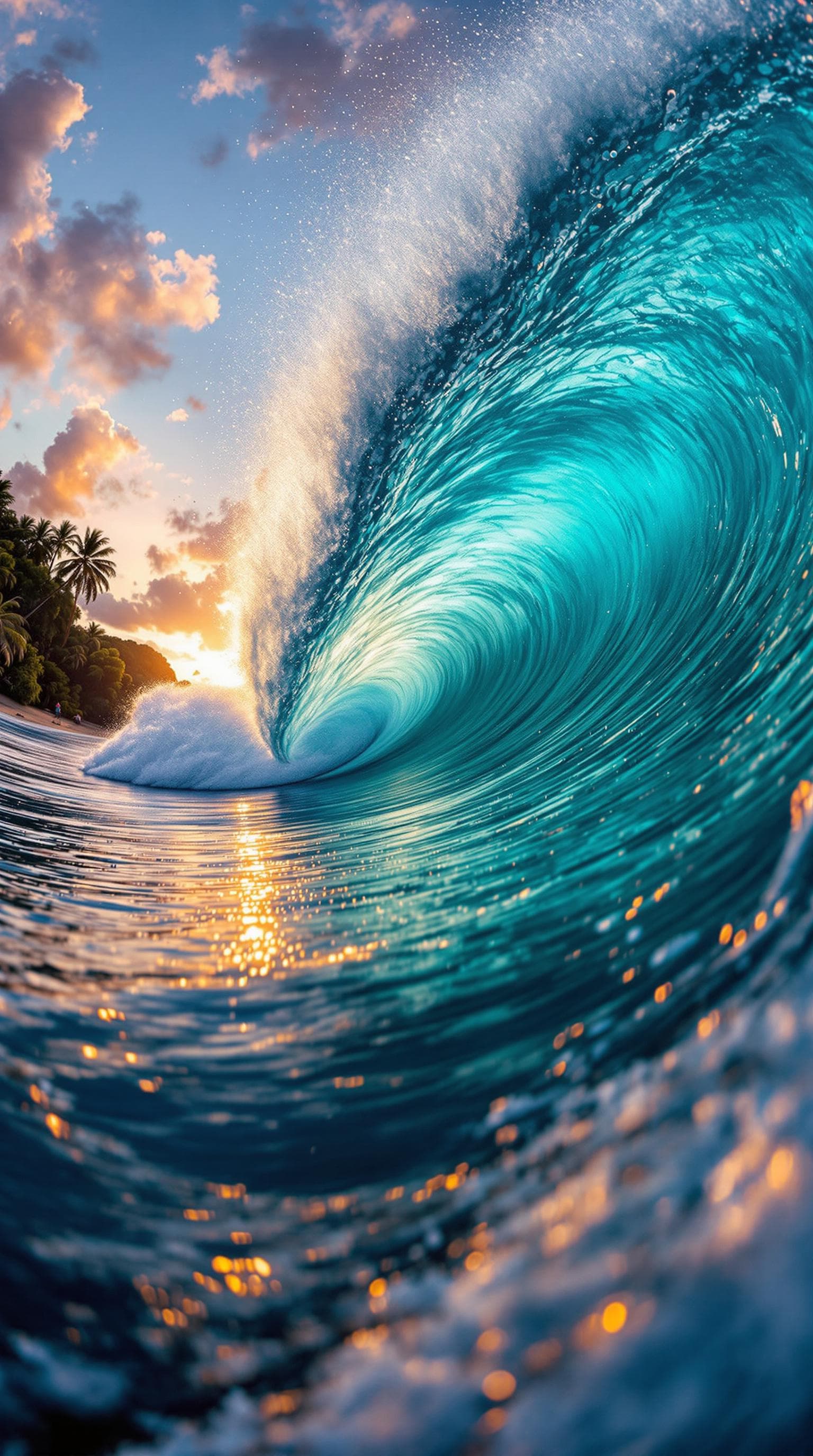 AI generated: A mesmerizing cyan sea warrior surfing a giant wave off a paradise beach at sunset, captured with a ...