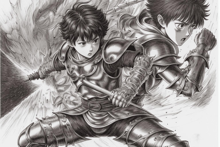 AI generated: monochrome, a little boy, brown hair with tuft, in golden armor, manga, ((without helmet)), in a fig...