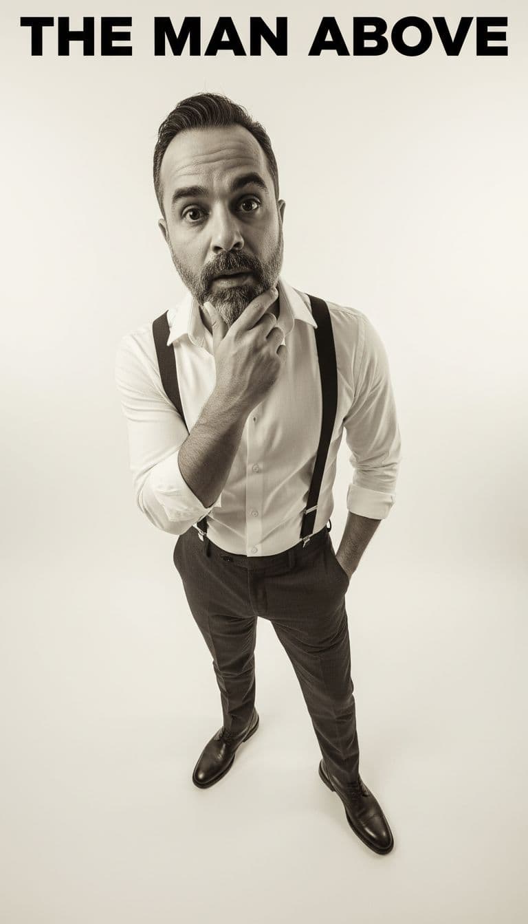 AI generated: “A stylized high-angle portrait of a man standing on a clean white studio background, captured with ...