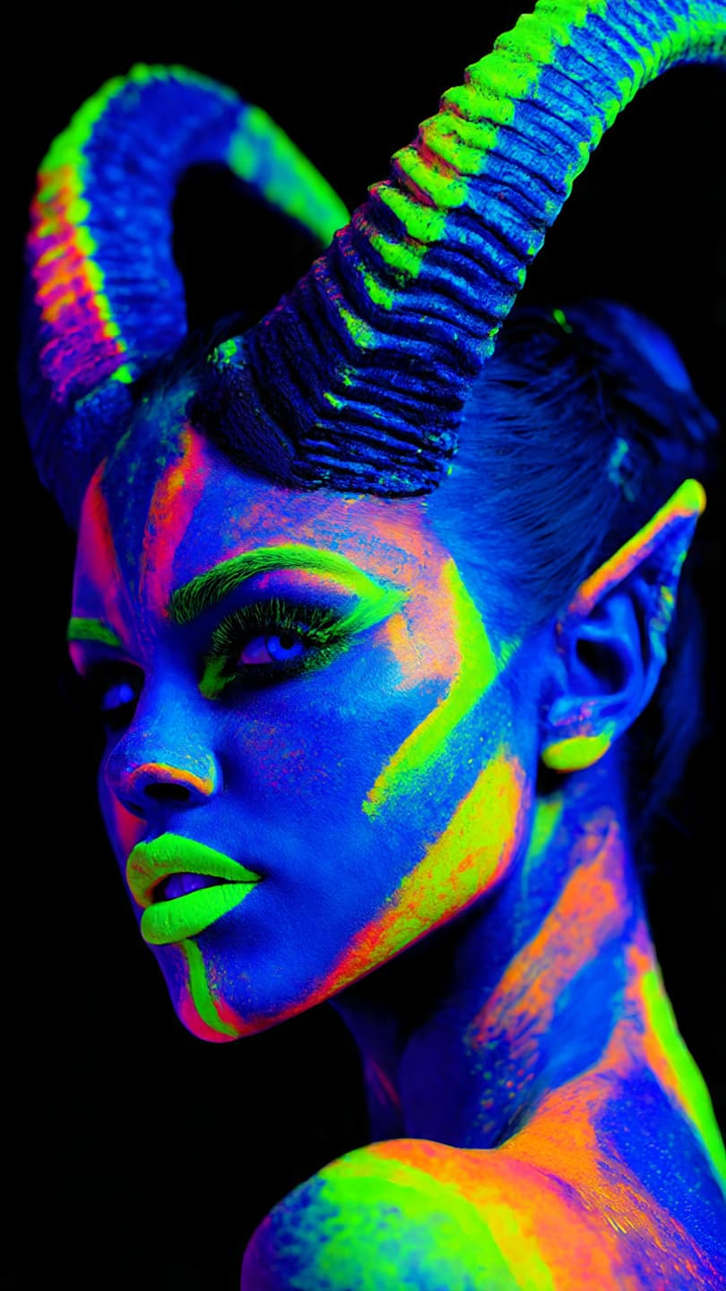 AI generated: A vibrant and electrifying portrait of a demoness,engulfed in an intense aura of bright, bold colors...