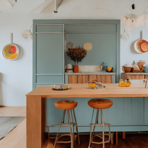 AI generated: high resolution photography interior design, modern retro kitchen with island, conversation pit, woo...