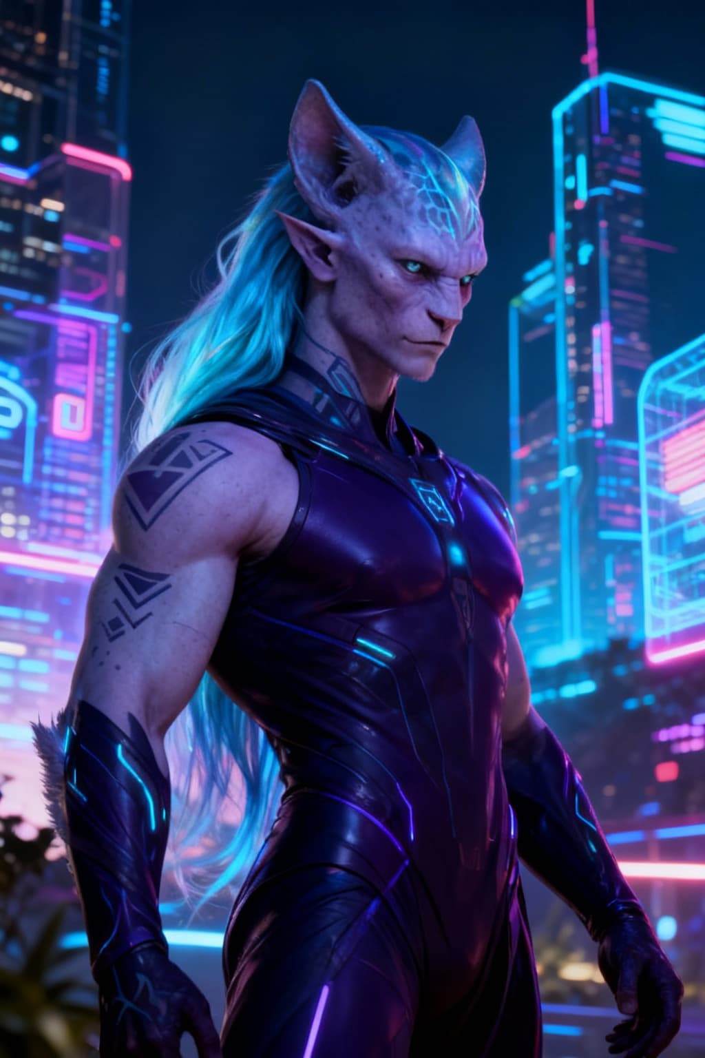 AI generated: Blend anthropomorphic to create a new anthropomorphic, alien hybrid. Give a futuristic Nightlife bac...