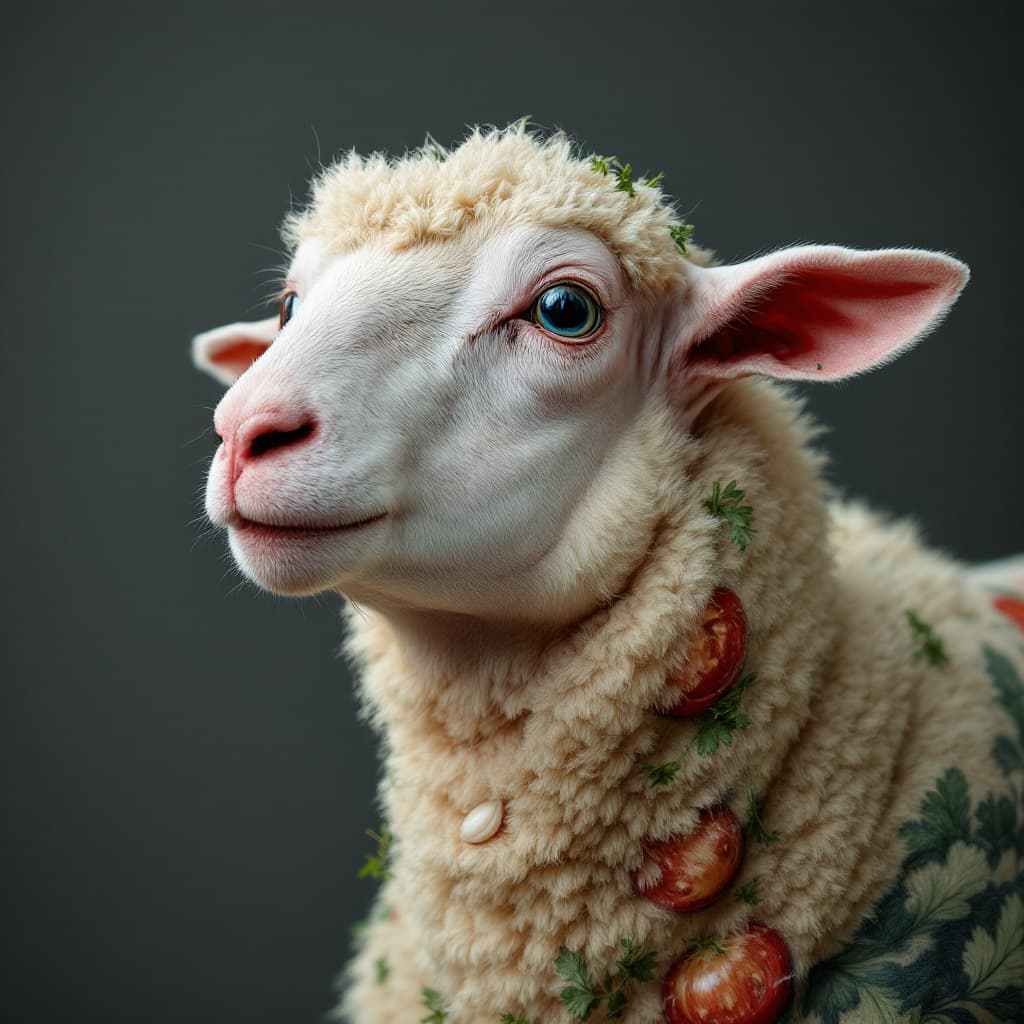 AI generated: photography close up, studio portrait, hairless big fat white sheep thin lines tattooed with tomatos...