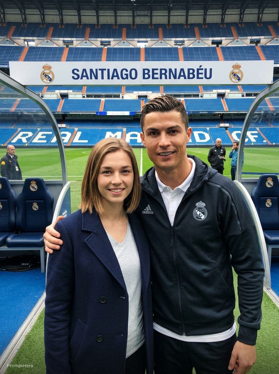 AI generated: Este chico y cristiano ronaldo en el bernabeu. Change that guy into a girl 
