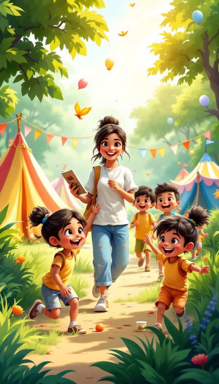 AI generated: "A lively summer camp scene featuring happy Indian kids aged 5-8 years, playing joyfully in a natura...