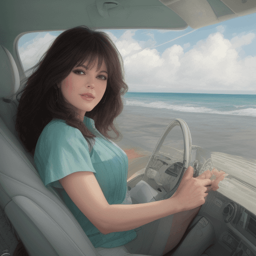 AI generated: Marie Osmond in a green  car  by the ocean on a sunny day, cartoon