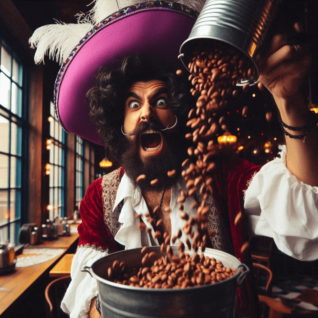 AI generated: Close-up professional cinematic photo of a Spanish pirate with black curly hair in a purple hat with...