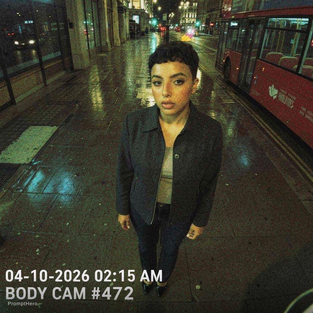 AI generated: Authentic real police body-worn camera (BWC) footage still frame from a nighttime arrest in a quiet ...