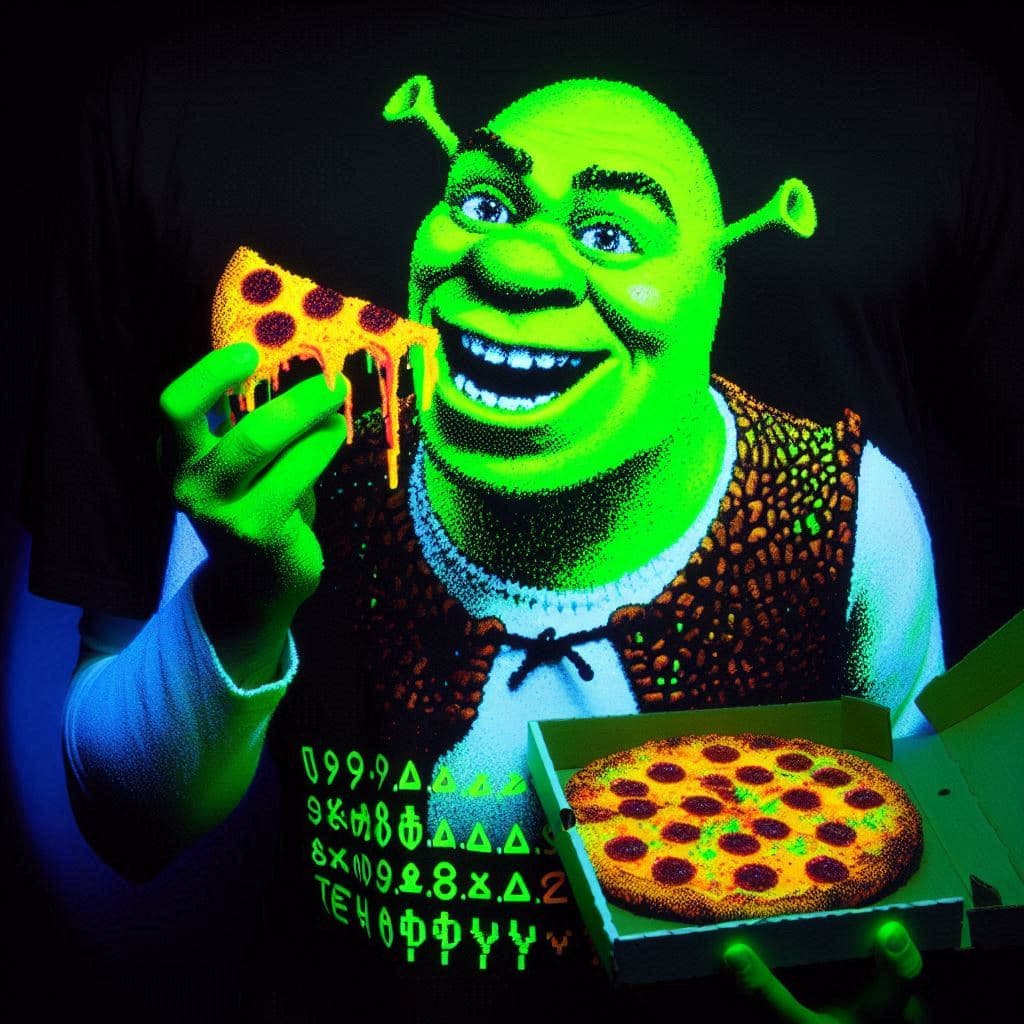 AI generated: Shrek representado con caracteres ascii debe tener una piel verde brillante. Está comiendo una pizza...