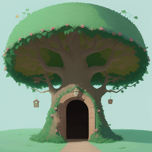 AI generated: Illustration: A majestic tree with a secret door and cheerful lutins around it, wearing pointed hats...