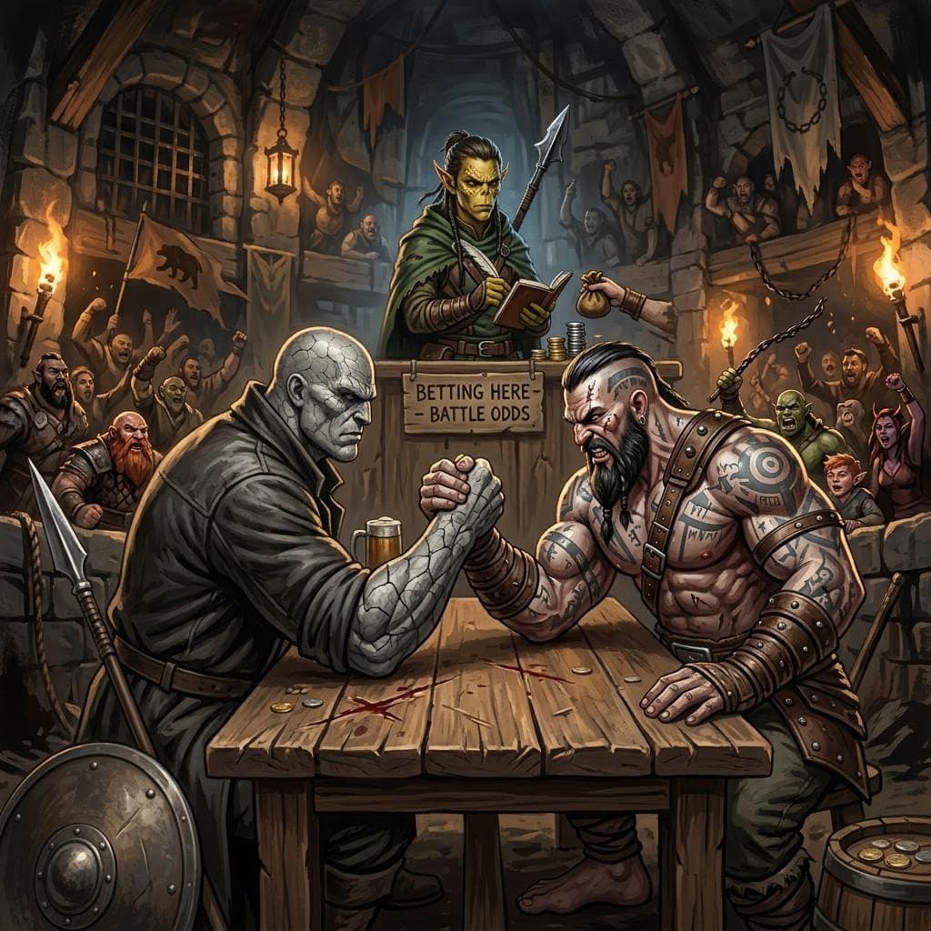 AI generated: a large stone man arm wrestling a giant fighter at a medieval tavern while a githzerai ranger takes ...