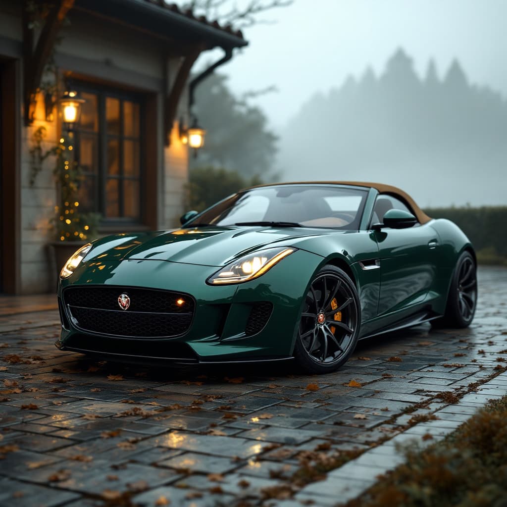 AI generated: General outline of a latest model British racing green convertible jaguar 
ftype with a beige top in...