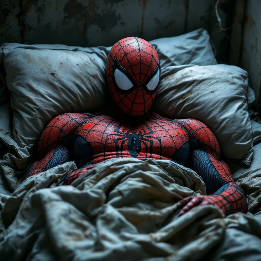 AI generated: full shot of a zumo fighter  dressed , spiderman,sketchy outfit, in a warehouse, sleeping in a bed w...