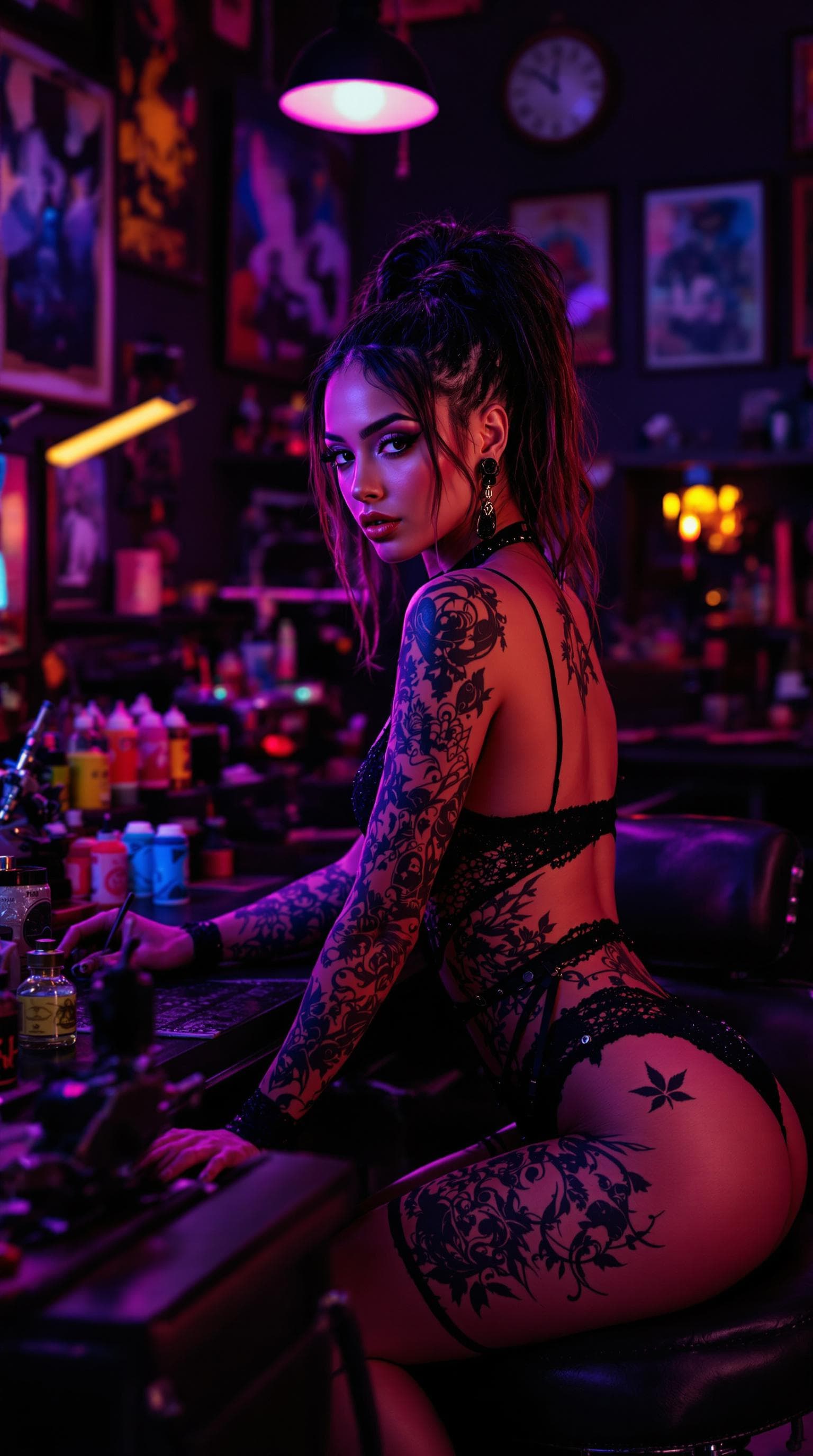 AI generated: a bold and edgy portrait of a tattoo artist working in a vibrant, neon-lit studio. The woman exudes ...