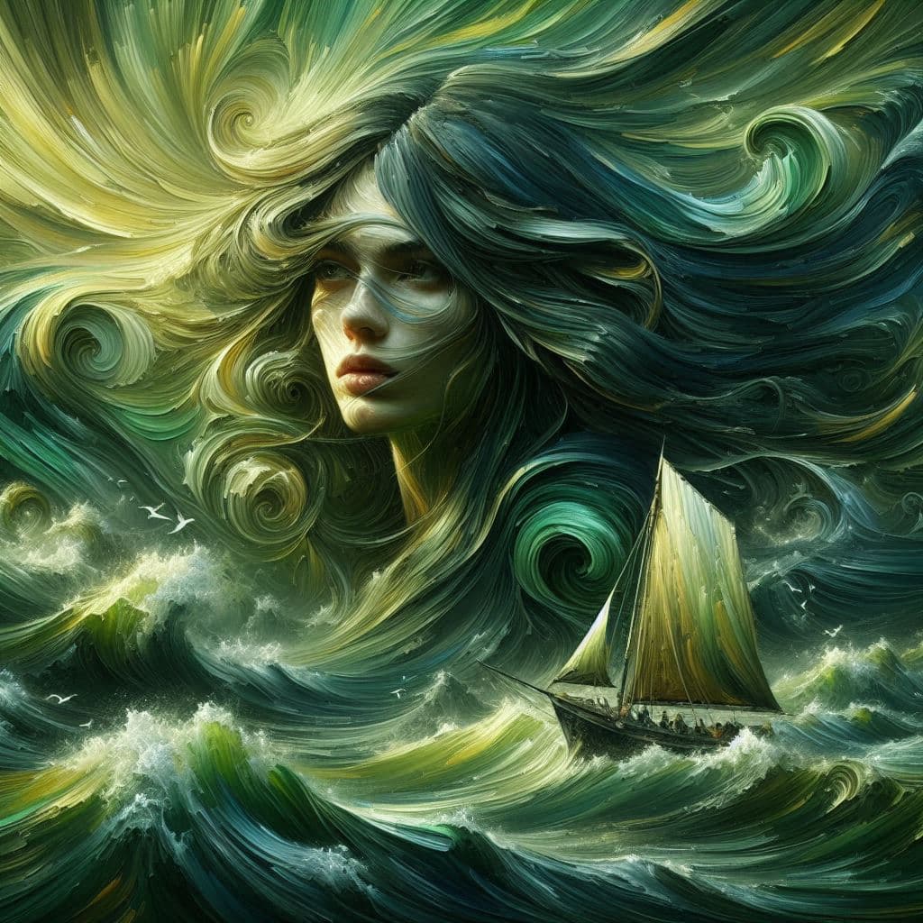 AI generated: Green, green, how I love you! Green ageri. Green strands. The boat on the sea, The horse beyond the ...