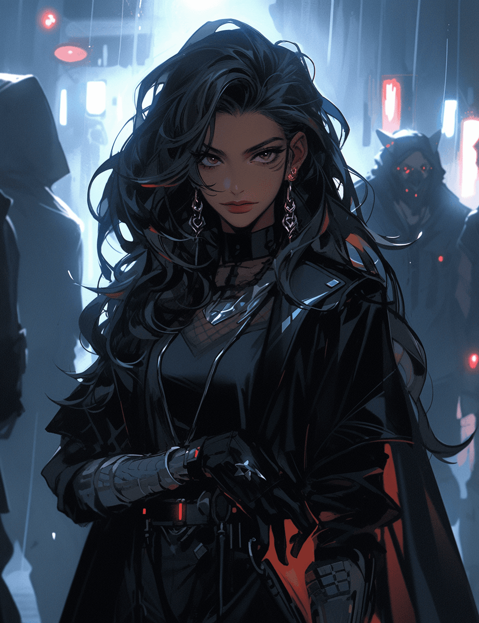 AI generated: an image of a woman in black leather near a neon sign, in the style of cyberpunk manga, ruslan loban...