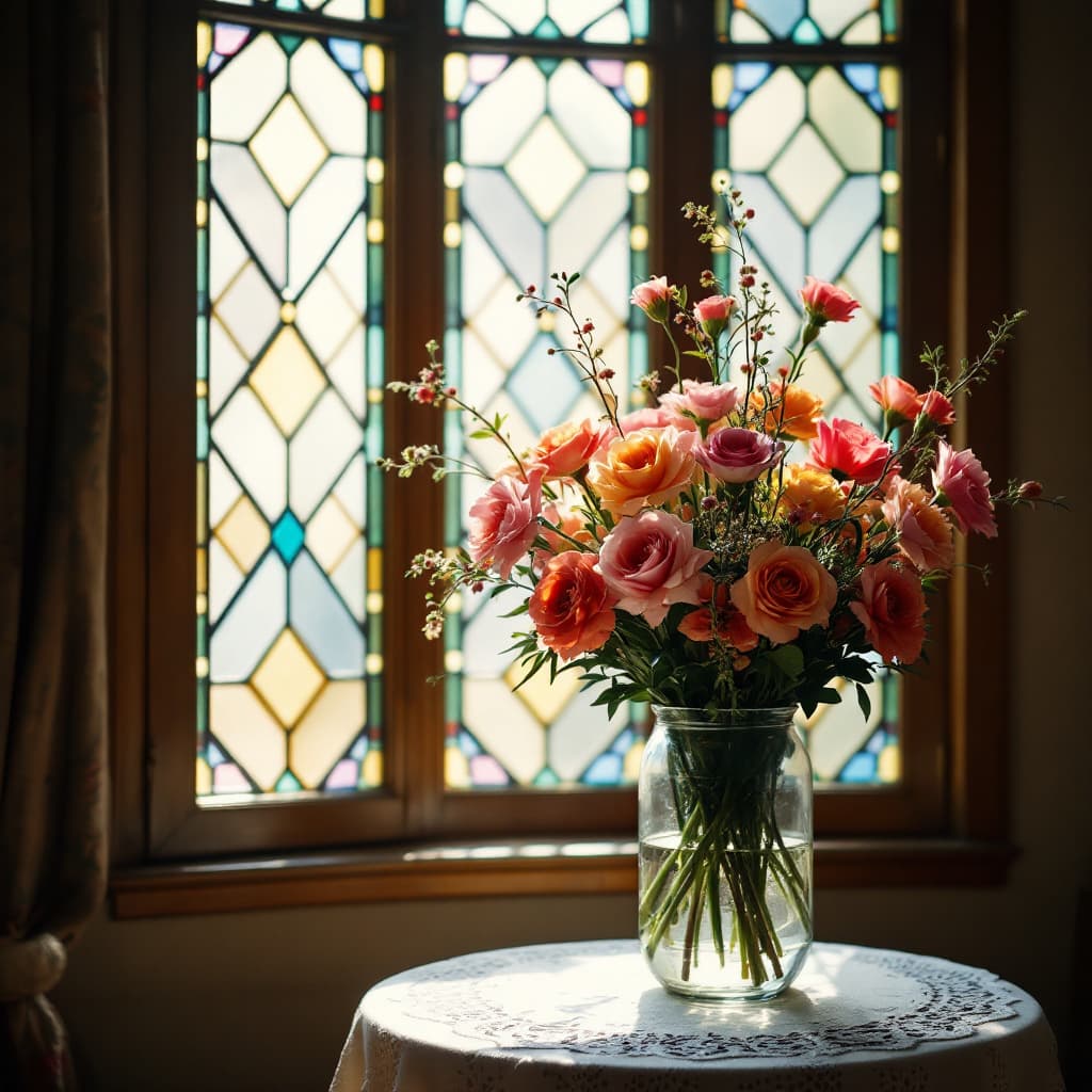 AI generated: High Resolution 8K. A bouquet of spring flowers in a clear vase sitting on a small round table with ...