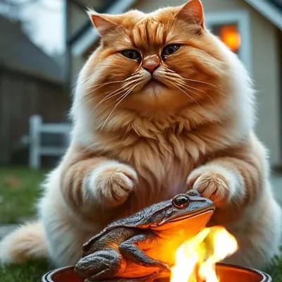 AI generated video: Fluffy fat cat roasting the frog, frog is uncomfortable as he feels the heat 