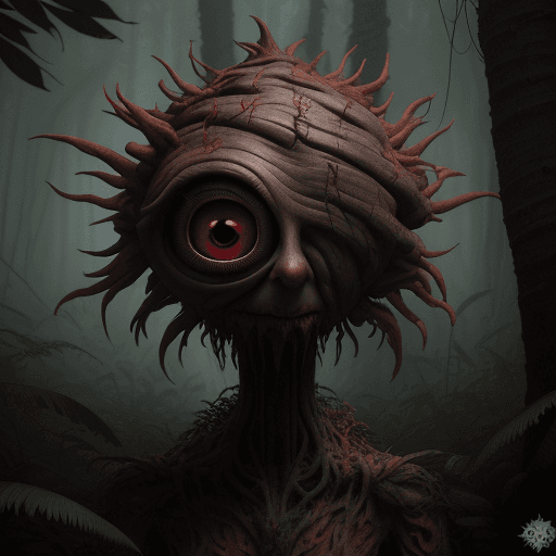 AI generated: a scary looking wood creature with a red eye, in the style of filip hodas, daz3d, sandy skoglund, na...