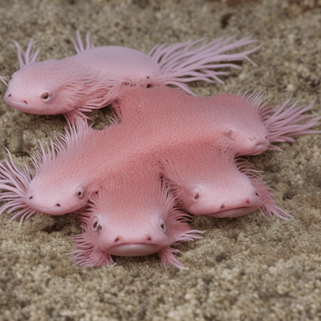 AI generated: axolotl, pink, cute, smiling, white background, two sets of 3 protruding gills with filaments on eac...