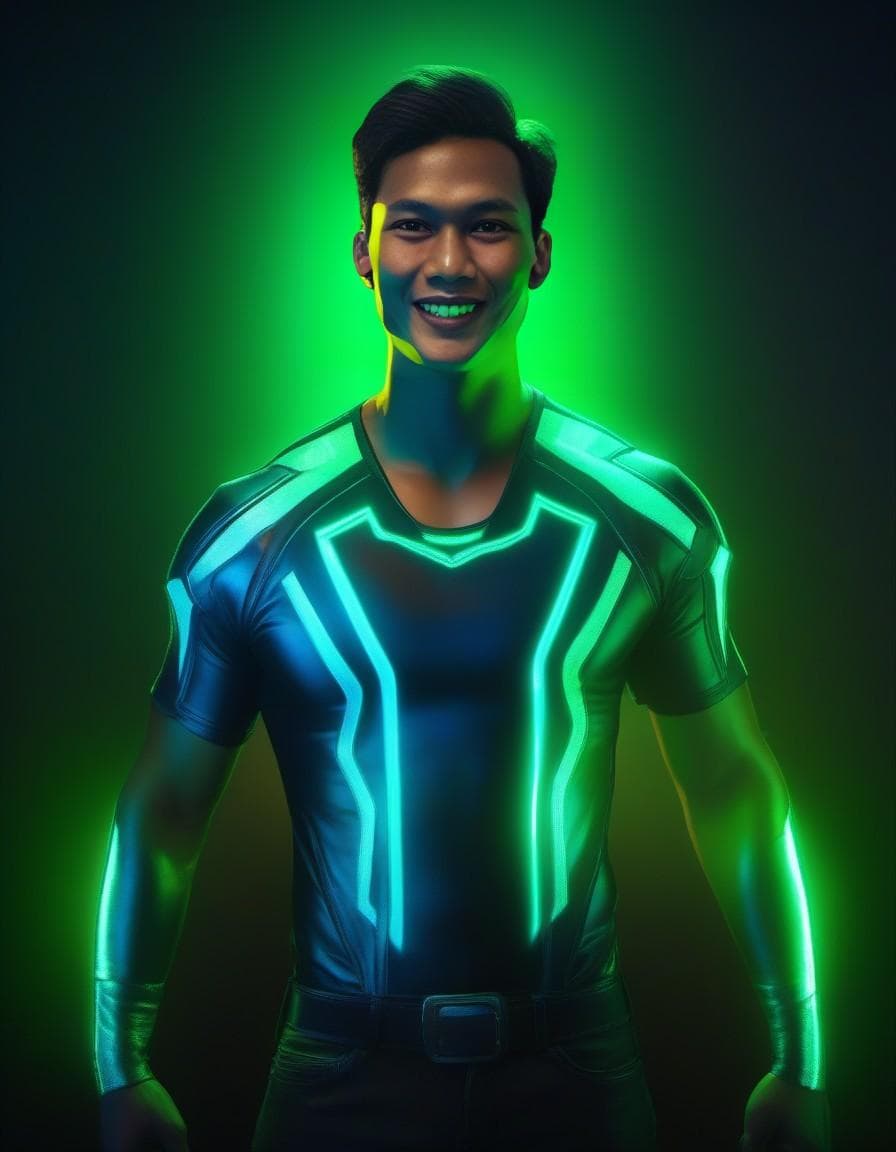 AI generated: Celestial humanoid male, glowing blue aura, glowing green eyes, black background, blue and green lig...