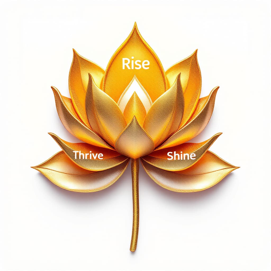AI generated: A blooming lotus made of golden energy, with each petal holding one of the words: Rise, Thrive, Shin...