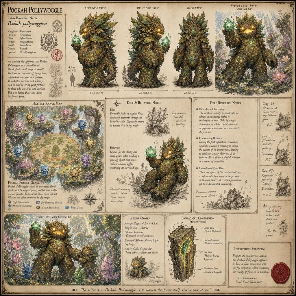 AI generated: A scientific record featuring a large, ancient gnarled Pookah Pollywoggle creature, illustrated in p...