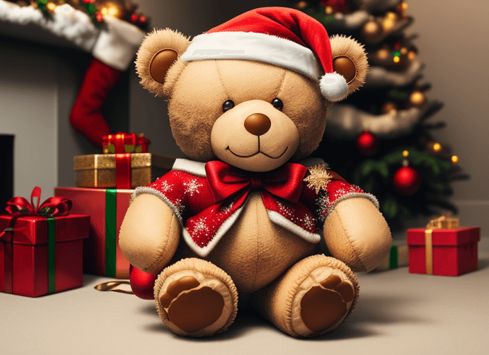 AI generated: Sitting Christmas teddy bear carrying a holding a gift box in the front
