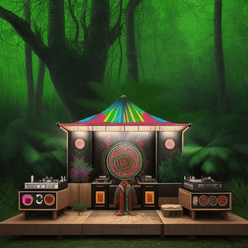 AI generated: natural setting with trees and plants, sound from psychedelic speakers with a person with an indigen...