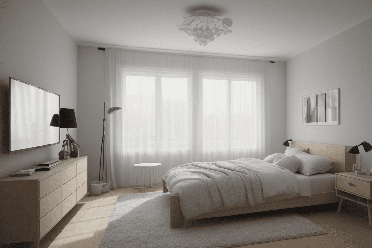 AI generated: interior design, modern bedroom, bedroom, modern, nordic style,window, wide angle, wideangle, photo,...