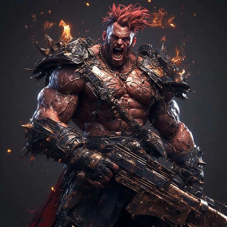 AI generated: A brave, muscular, punkish warrior with shaggy hair and tattoos chronicling his exploits. He holds a...
